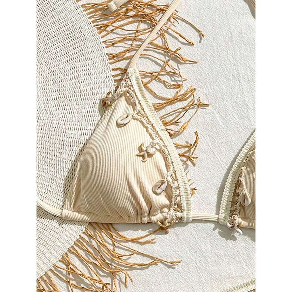 Shell Decoration Ribbed Women Swimwear Female Swimsuit Two-pieces Bikini Set Halter Strappy Bather Bathing Suit Swim Lady Z260206
