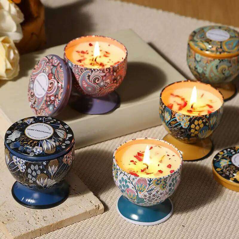 Natural Smokeless Soy Wax Candle In Iron Tin Dried Floral Scented Candles Champagne Flute Style Home Fragrance S260205