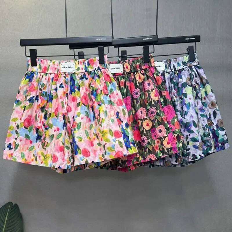 Summer New Style Large Size 300 Pounds Floral Print Shorts Women's Casual Loose Wide Leg Three-quarter Length Pants XJ260206