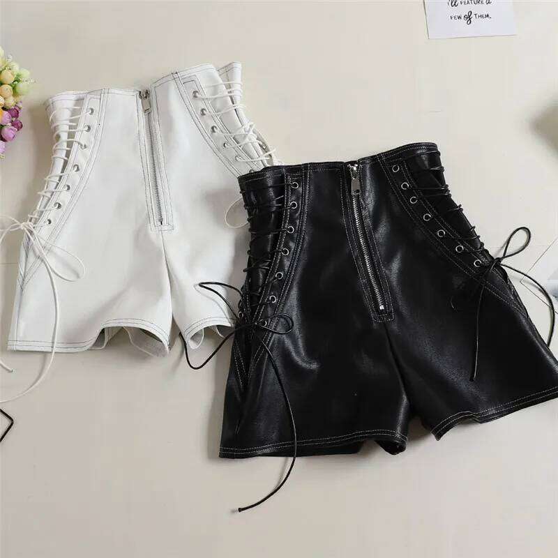 New Autumn Women PU Tie Bow Bandage High Waist Casual White Black Leather Ladies All Match Wide Leg Shorts XJ260206