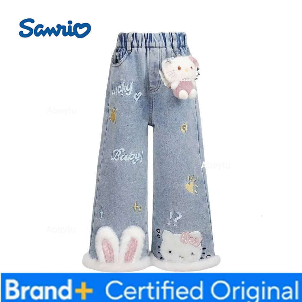 Sanrio Hello Kitty Girls Flared Jeans Fleece Lined Cartoon Pants 2025 New Fashion Casual Baby Kids Winter Trousers Cute Kawaii H260206