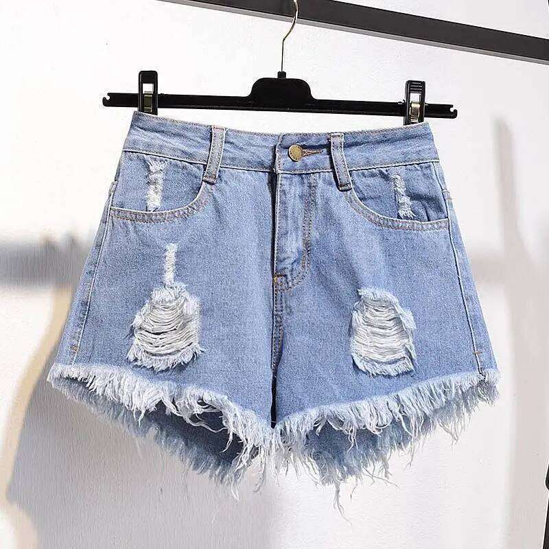 Large Size Denim With Ruffled Shorts Women's Summer High Waisted Loose Hole Wide Leg Student A-line Hot Pants Basic Short Jeans C260206