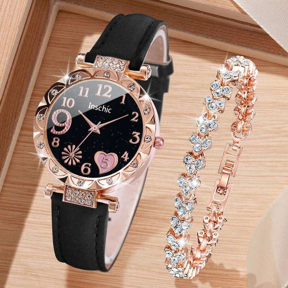 2/4/6PCS Fashion Rhinestone Women Watches Heart Dial Quartz Watch Casual Leather Band Wristwatches Bracelet SetWithout Box Z260206