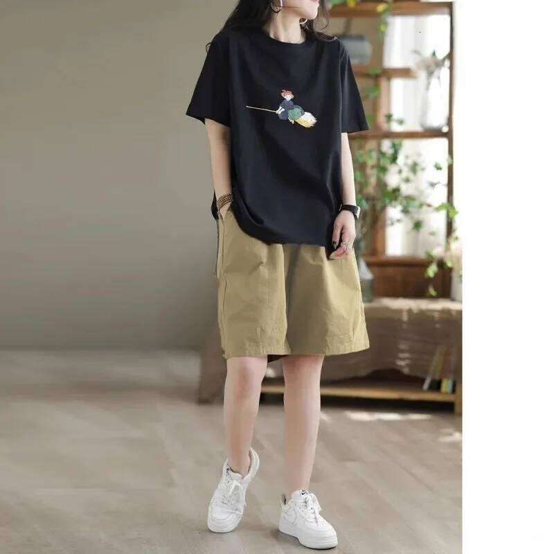Women's Sporty Loose Fit Summer Thin Elastic Straight Short Pants Casual Slimming Wide Leg Five-Quarter Length Trousers XJ260206
