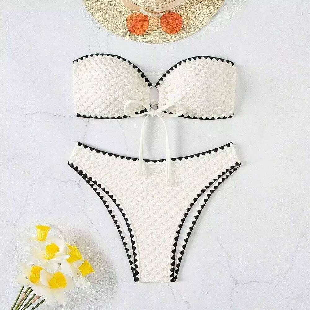 White Swimwear 2 Piece Strapless Swimsuit Women Sexy Bandeau Backless Bikini Set Lace-up Patchwork Beach Bathing Suit 2025 New Z260206