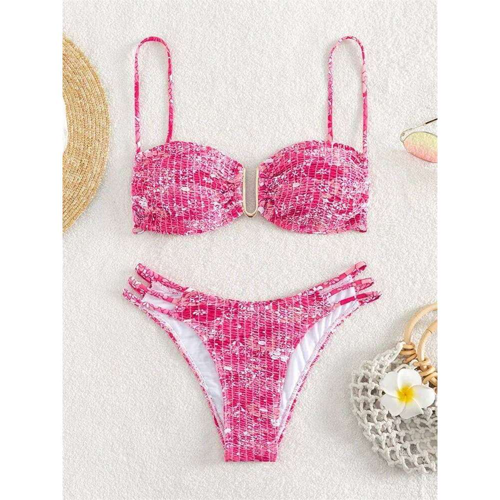 Sexy Pleate Bikini Women U Neck Push Orange Floral Print Micro Swimsuit 2025 Summer Bathing Suit Lace Up Thong Swimwear XJ260206