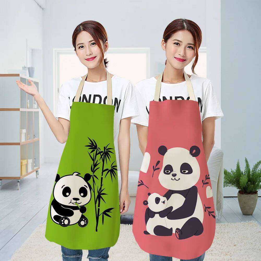 Cartoon Panda Multi-functional Linen Apron Dress Garden Children's Aprons for Woman Man Kids Pink Kitchen Baking Accessories S260205