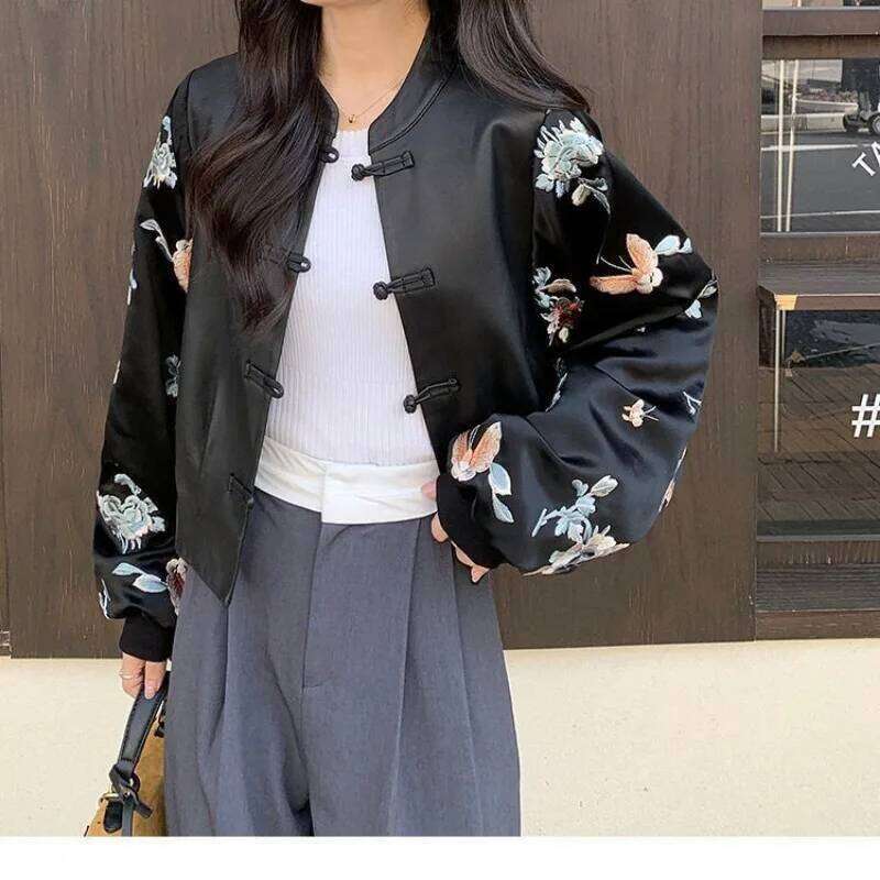 Embroidery Patchwork Jacket Women's Spring Autumn PU Leather Coat Long Sleeves Button Design Outerwear