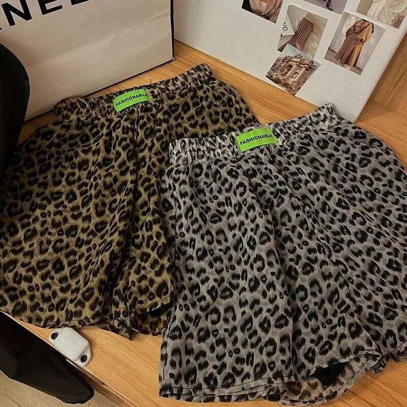 Loose Casual Leopard Print Label Short High Waist Trousers Autumn New Style 2025 Wide Leg Pants Polyester Fiber XJ260206