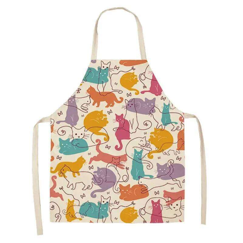 Cartoon Simple Strokes Cat Kitchen Children's Painting Female Sleeveless Cleaning Apron Baking Cooking Accessories S260205