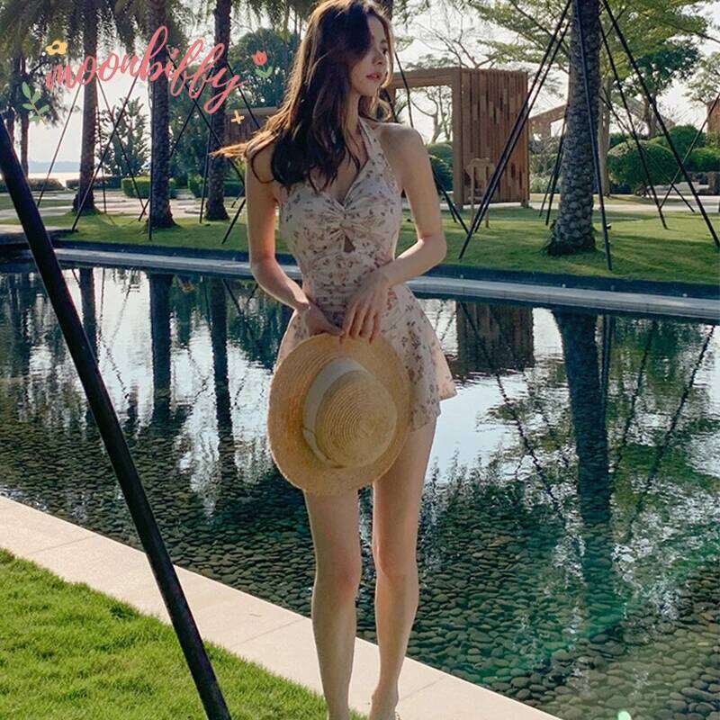 Women Hanging Neck Sweet Cute Swimwear Sexy One-piec Wear Swim Beach Dress Swimsuit High Waist Bathing Suit For Girls Z260206