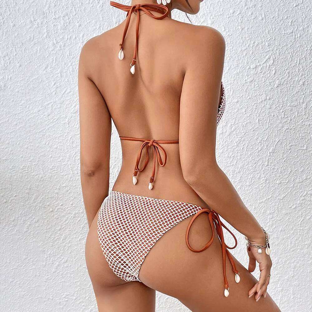 2025 new style mesh sexy strap three-point bikini split women's swimsuit shell decoration Z260206