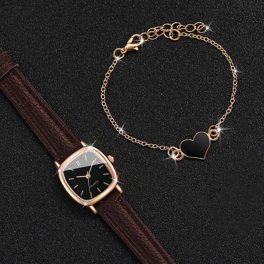 2PCS/Set Fashion Square Women Watch Leather Band Quartz Watches Heart Bracelet Set Z260206