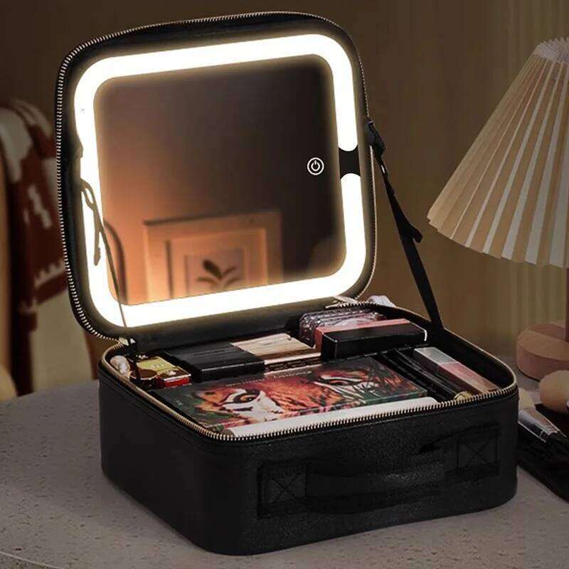 Smart 3 Color LED Travel Train Cosmetic Light And Mirror Bag Female Beautician Skincare Makeup Case For Women Y260206