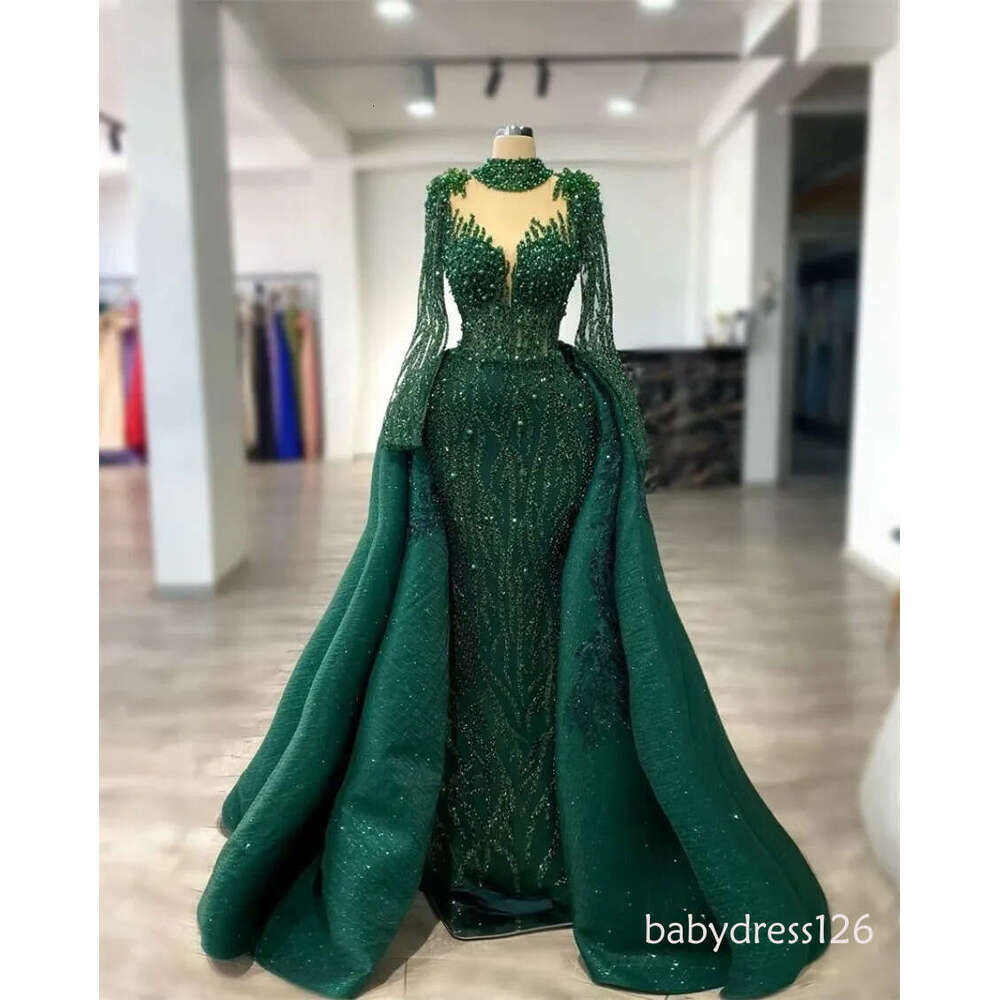 Stunning Emerald Green Evening Dresses With Detachable Skirt Luxury Beads Pearls Crystals Long Sleeves Women Formal Party Prom Gowns Robe de soiree 4D