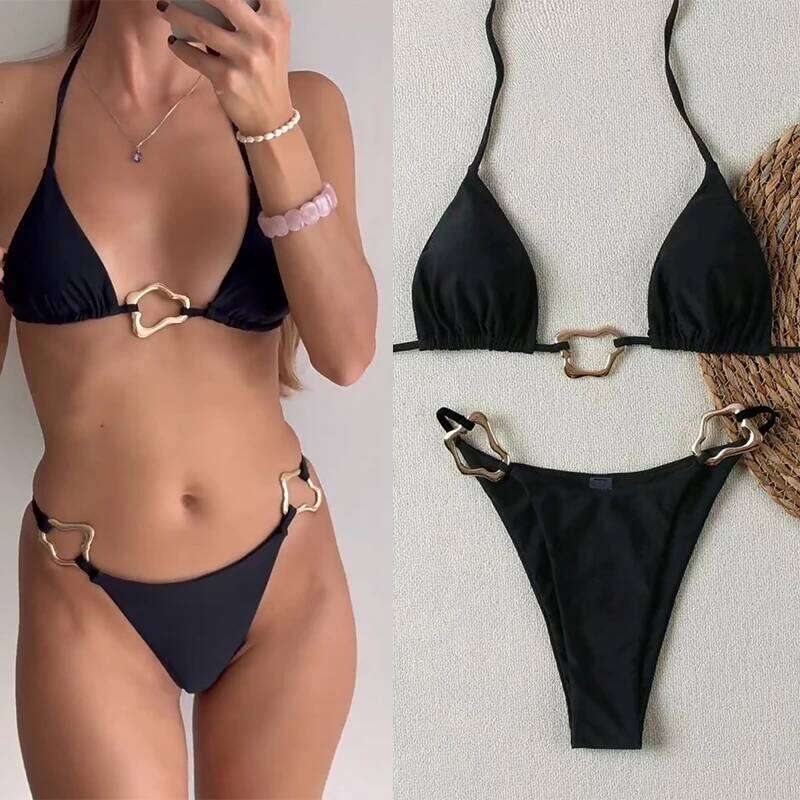 Sexy Solid Color Halter String Triangle Two Piece Bikini Trendy Metal Buckle For Women Summer Beach Lace-up Swimsuit Z260206