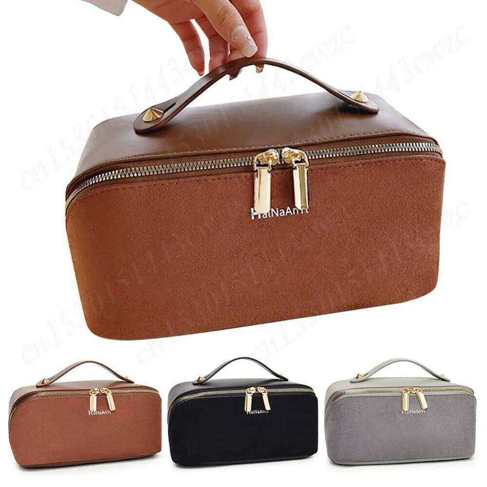 Women Suede Cosmetic Large Capacity Waterproof Pouch Dual Zipper Organizer Makeup Storage Bag Y260206
