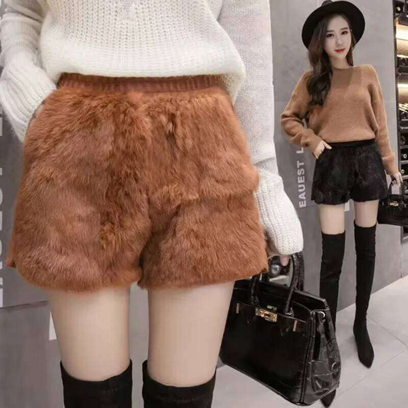 Elastic High Waist Plush 2025 Autumn Winter Artificial Fur Thick Women Femme Casual Ladies Shorts Black Boots Pant XJ260206