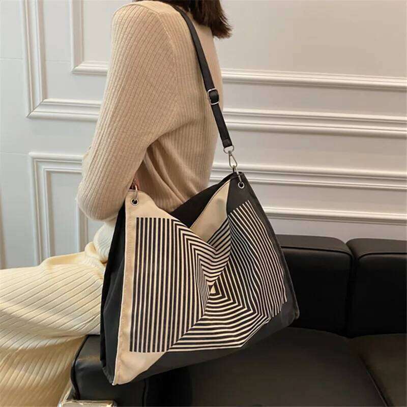 Women's Canvas Shoulder Bag Striped Printed Casual Totes Large Capacity For Ladies 2022 Fashion Vintage Armpit Shopping Handbag Y260205