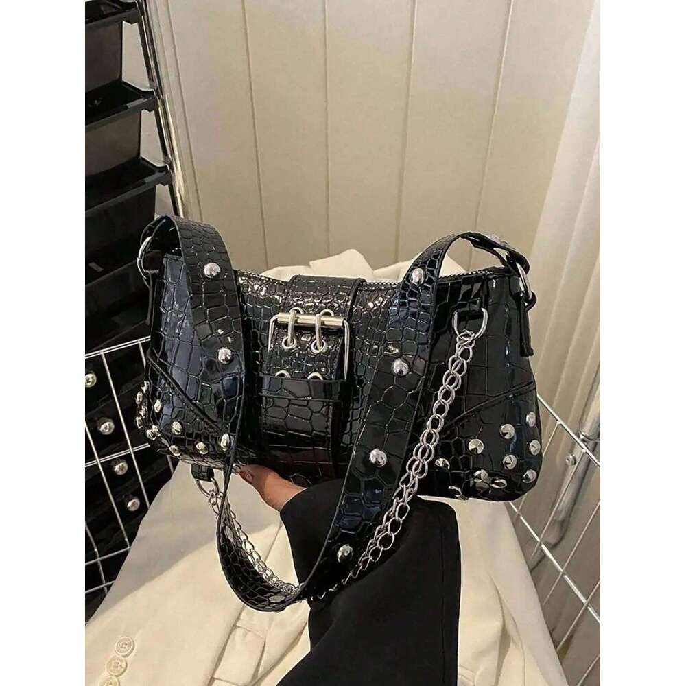Women's Underarm Bag, European And American Style Vintage Rivet Motorcycle With Pleat Crescent Solid Shoulder Bag For Women Y260205