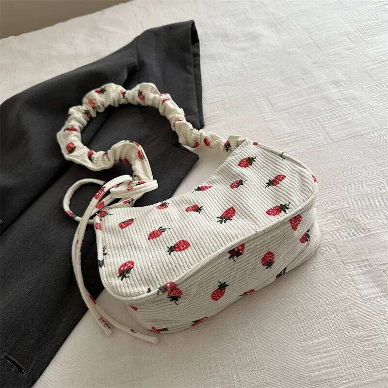 Women Small Underarm Bag Corduroy Handbag Cute Strawberry Print Little Tote Half Moon Design Eco Cloth Purse Mini Shoulder Bags Y260205