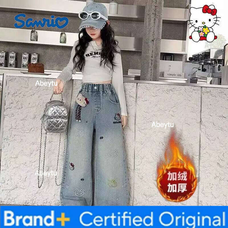 Sanrio Hello Kitty Jeans Girl Boy Kids Kawaii Casual Fashion Warm Autumn Winter Embroidery Wide Mouth Pants Children's Clothing H260206
