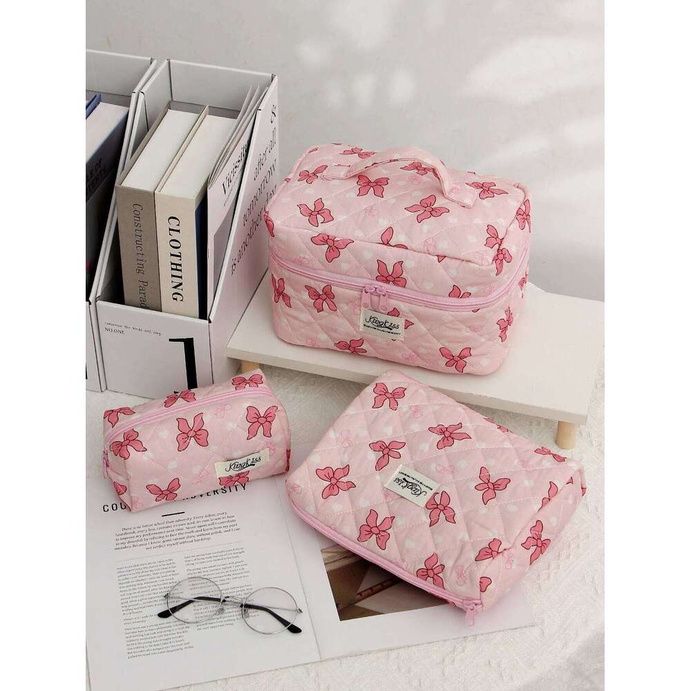 1pc/set pink quilted ribbon bow pattern design, large capacity cute toiletry bag, travel storage makeup bag Y260206