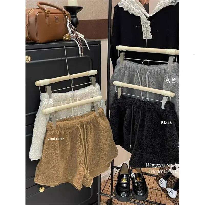 New Idle Style Elegant Lamb Wool Drawstring Shorts Women's Winter High-Waisted Loose-Fit Warm Casual Heat Pants XJ260206