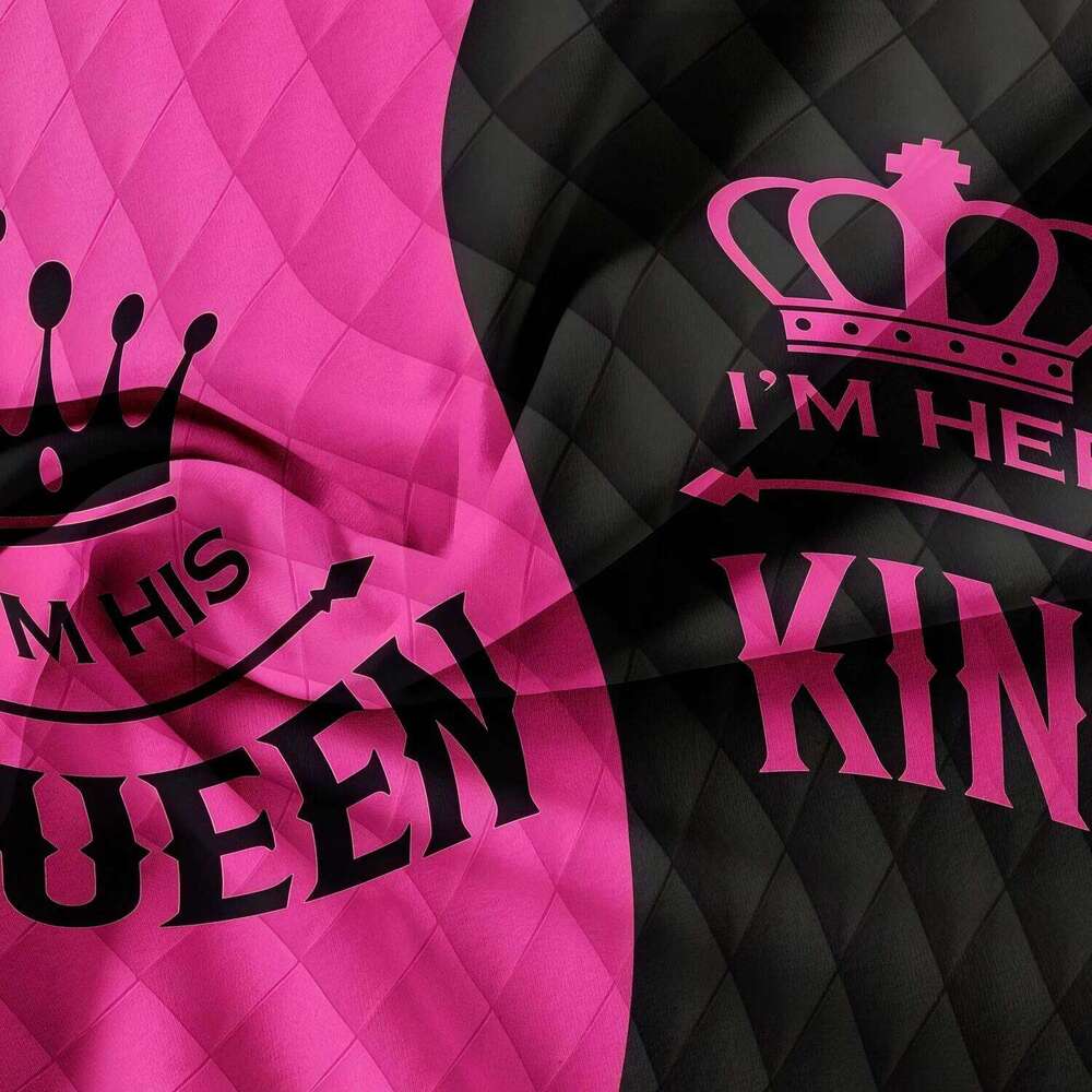 3pcs Couple's King & Queen Printed Duvet Cover Set,Romantic Heart Crown Design, Pink Black Contrast for Sweetness with Elegance XJ260206
