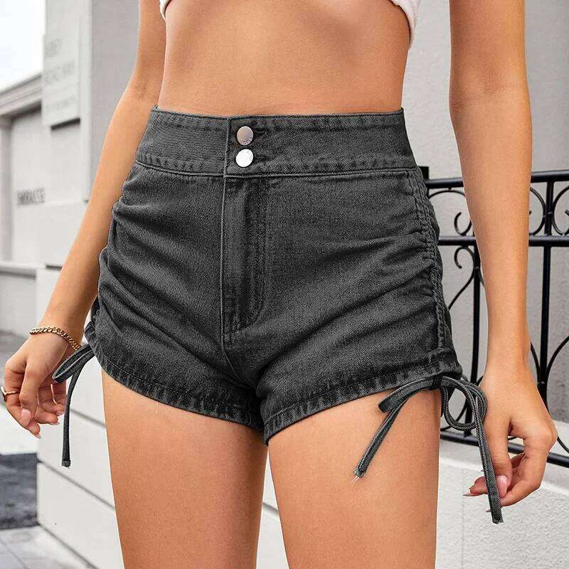 High Waist Drawstring Side Denim Women Summer New Streetwear Retro Matching Casual Wide Leg Jean Shorts C260206