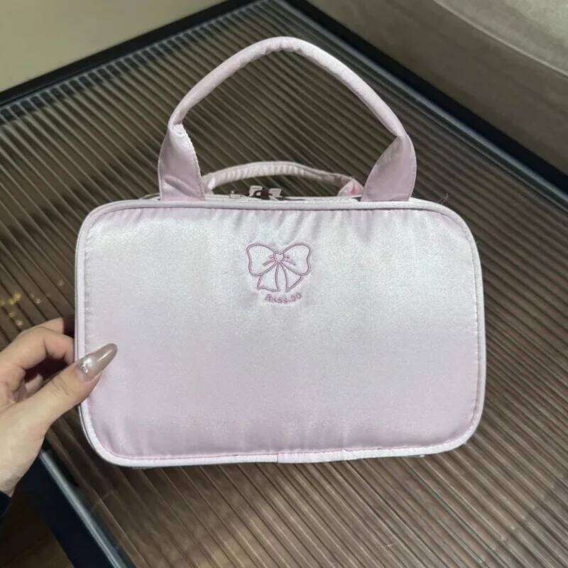 Pink High Capacity Cute Cosmetic Bow Embroidery Casual Makeup Multilayer Versatile Toiletry Travel Storage Bag Women Y260206