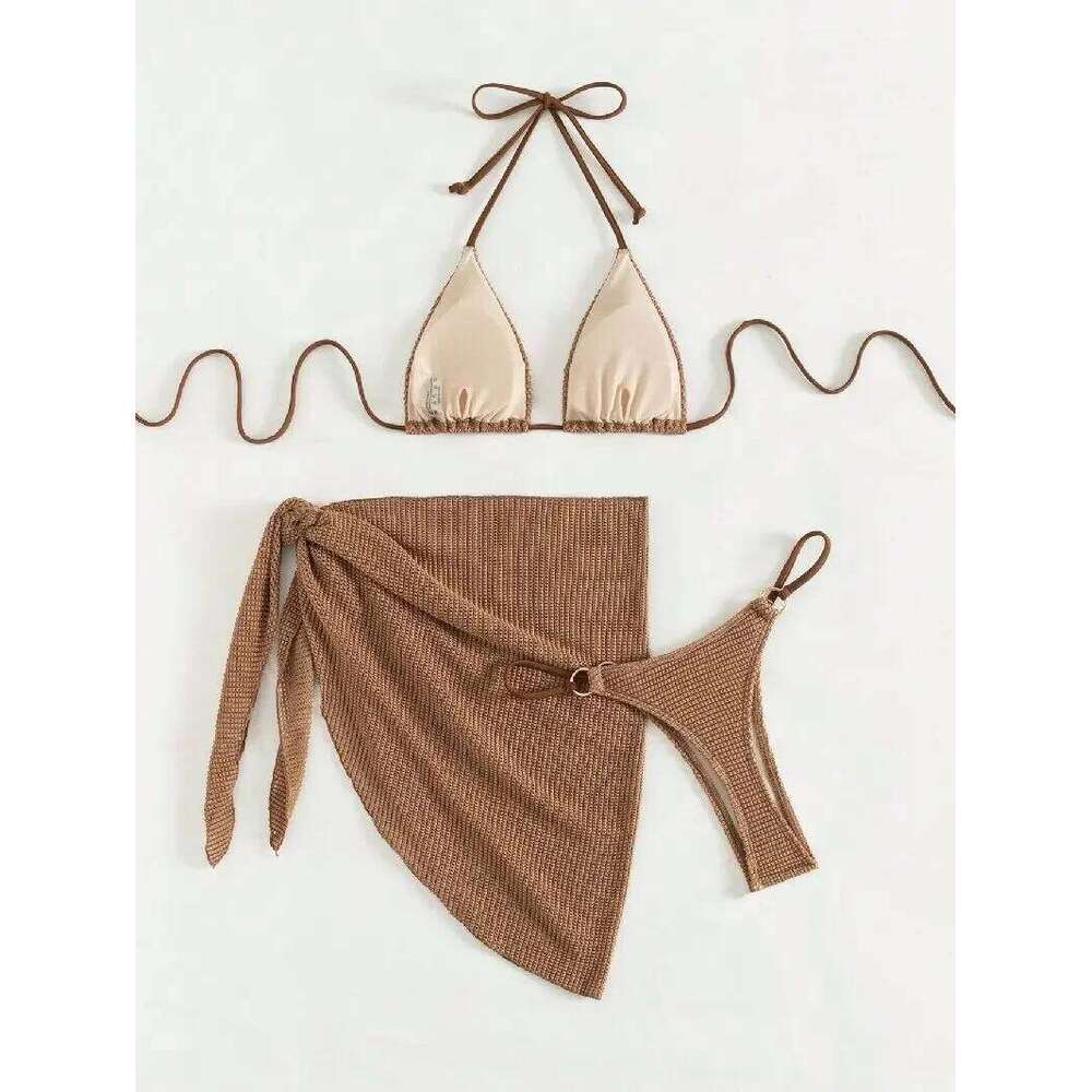 Sexy Brown Bikini Set 2025 Women Halter Push Bra Skirt 3 Piece Swimsuit Summer Bathing Suit Cover Up Thong Swimwear Biquini Z260206