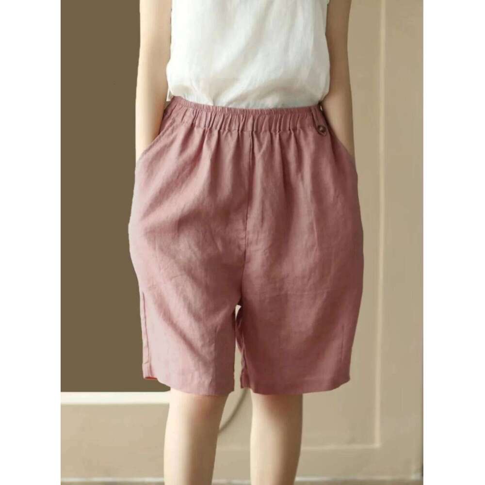 High Straight Cotton Linen ort Pants Women's Elastic Waist Slim A-Line Casual Mid-Thigh Thin Wide Leg orts XJ260206