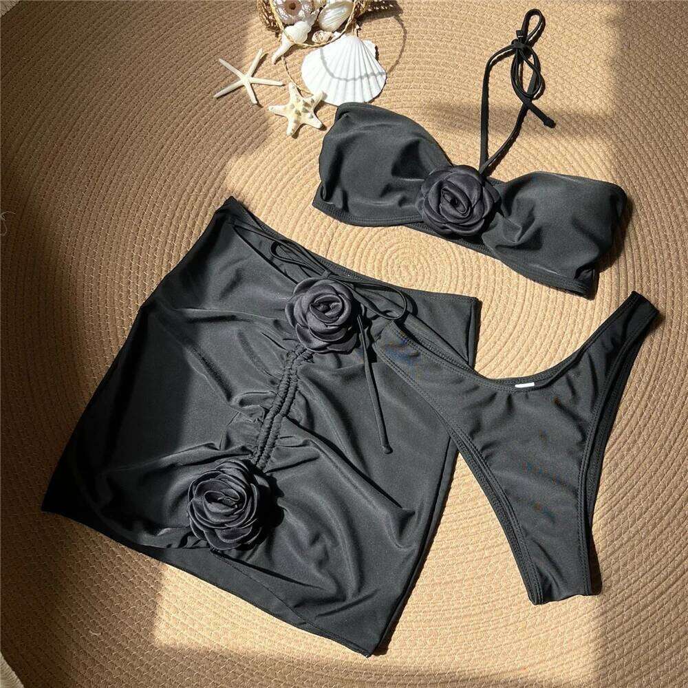 Sexy Black 3D Flower Bandeau Swimwear Skirts Cover Ups Thong 3 Piece Bikini Set 2025 Women Swimsuits Beachwear Bathers Bikinis XJ260206