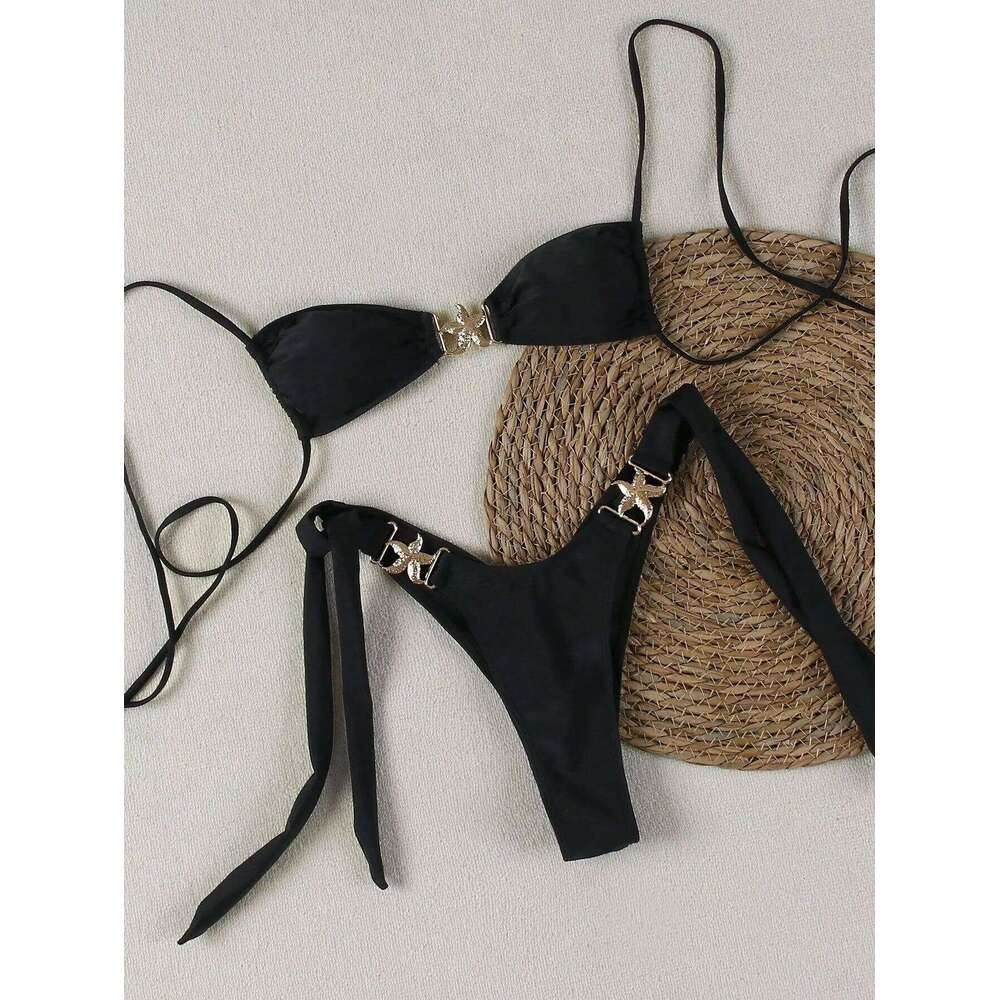 2025 Sexy Women's Bikini Set - Adjustable Tie Side Bandage Triangle Top & Low Rise Bottom with Starfish Metal Drawstring Summer Z260206