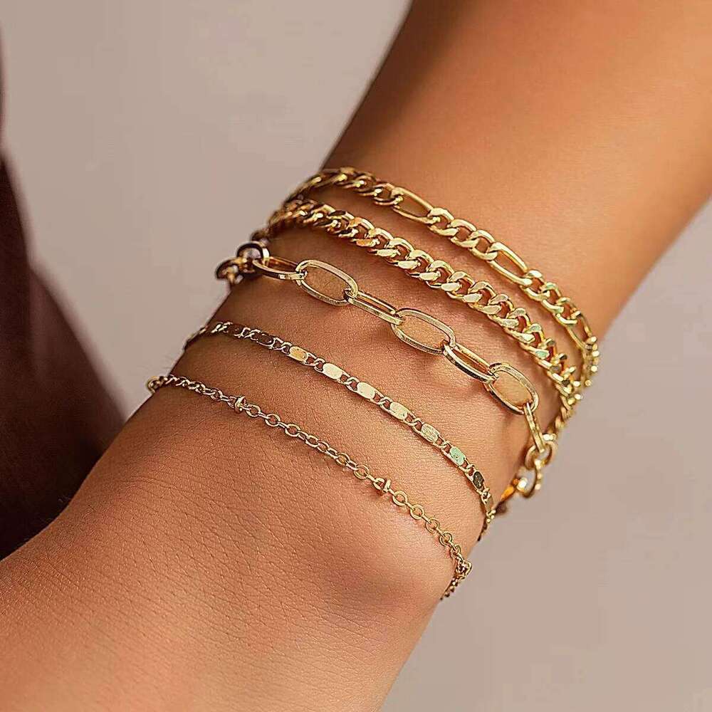 5-piece minimalist metal chain bracelet set for women, stylish stackable wrist accessory, jewelry, birthday gift. 26H0206