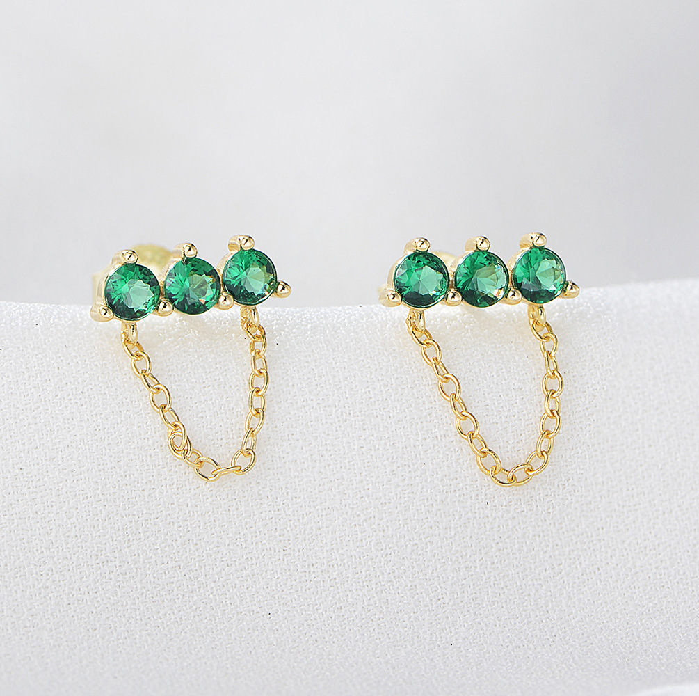 s925 sterling silver emerald green zircon simple and unique chain tassel earrings, trendy earrings