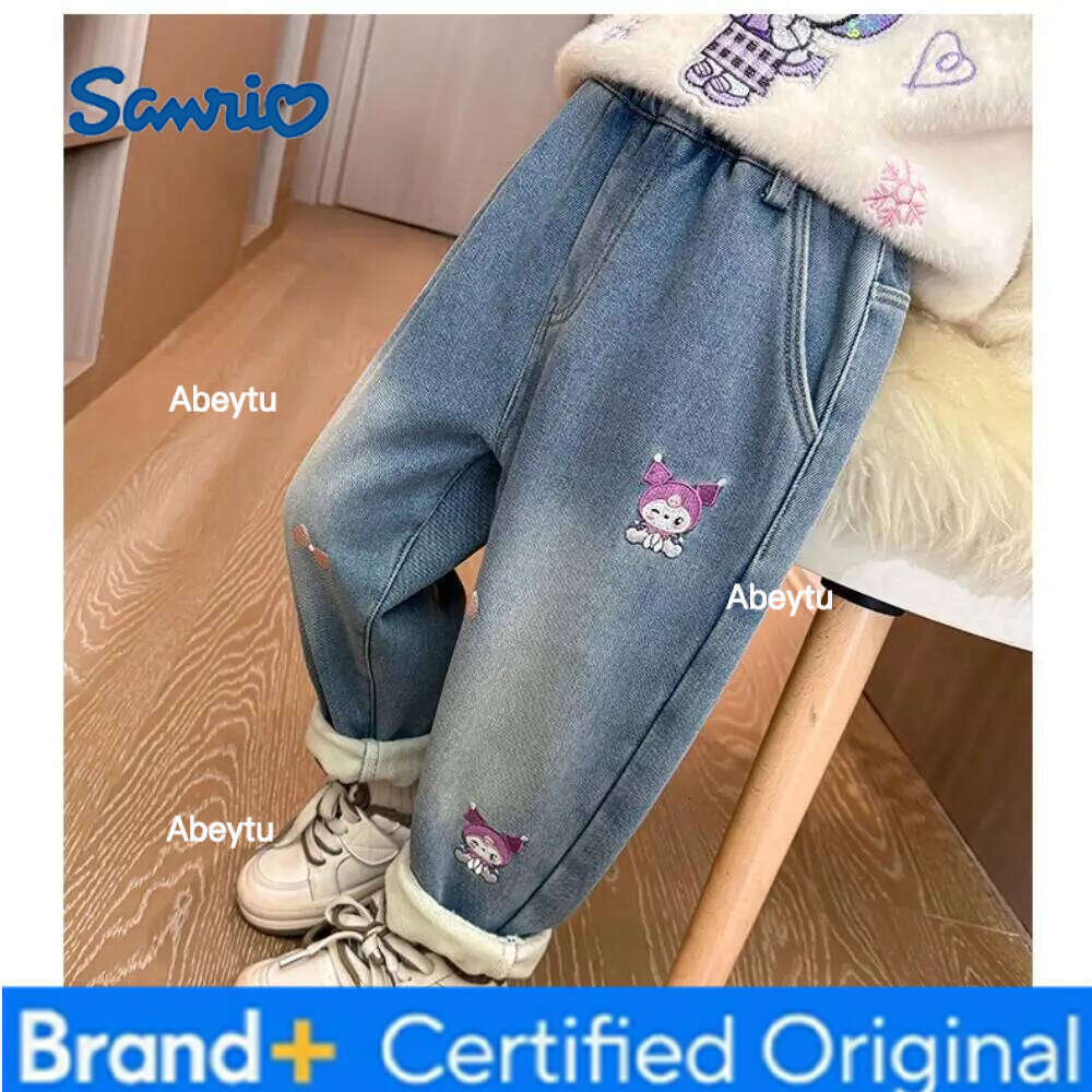 Sanrio Girls' Kuromi Fleece-Lined Jeans Winter and Spring New Fashion Children's Cute Cartoon Embroidery Bow Casual Long Pants H260206