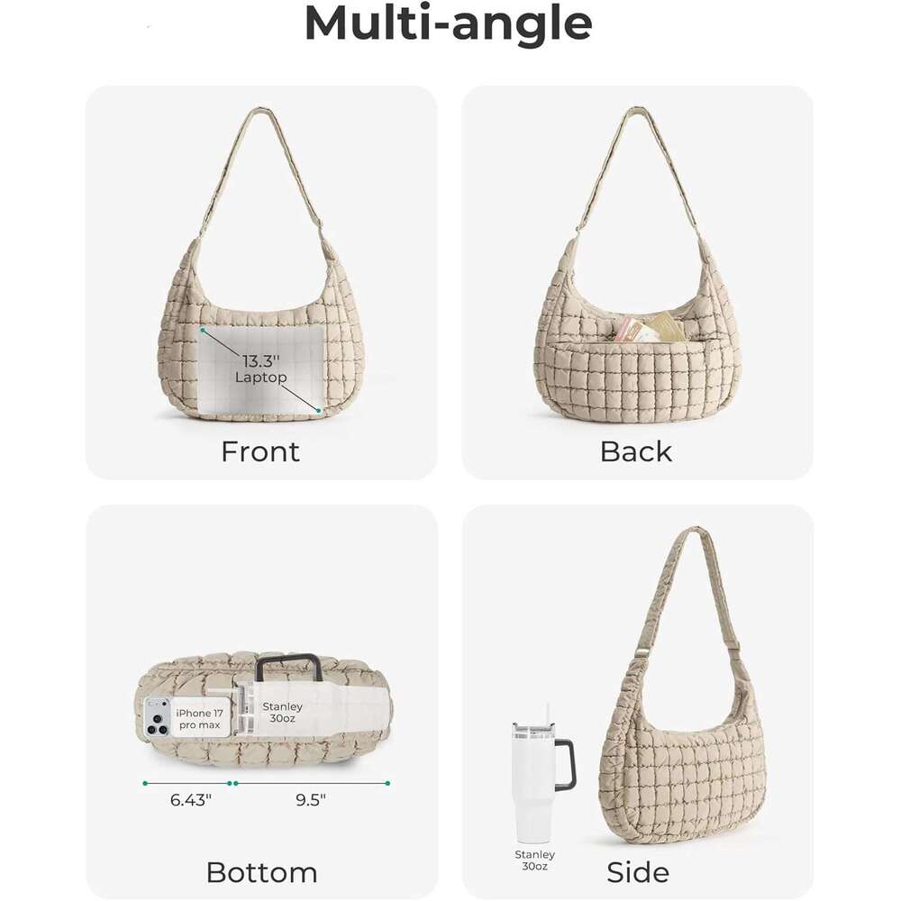 Crossbody Hobo Bag With Adjustable Strap Quilted Puffy Purses For Women Fluffy Compact Shoulder Handbag
