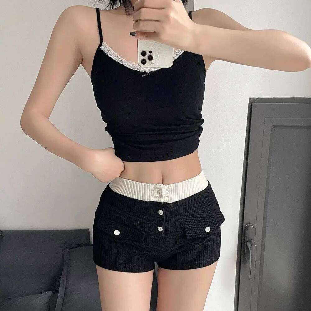Sweet Trend Sexy Patchwork Elasticity Bodycon Shorts Female Summer 2025 New Fashionable Buttons High Waist Straight Women Pants XJ260206