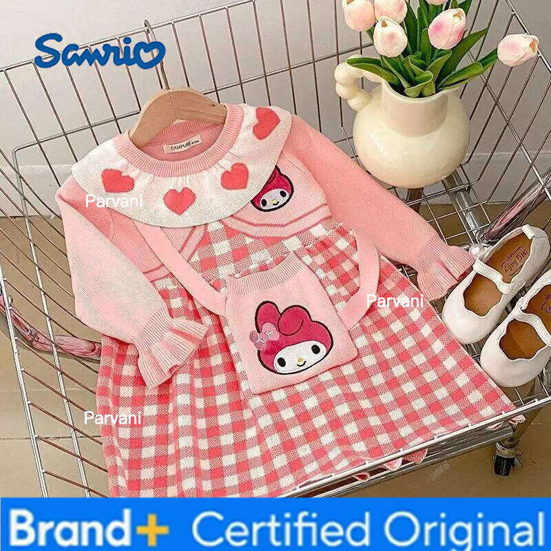 Sanrio My Melody Hello Kitty Dress Soft Wool Knit for Little Girls Autumn Winter Cute Cartoon Long Sleeve Plaid Pattern Kawaii H260206 - view 4