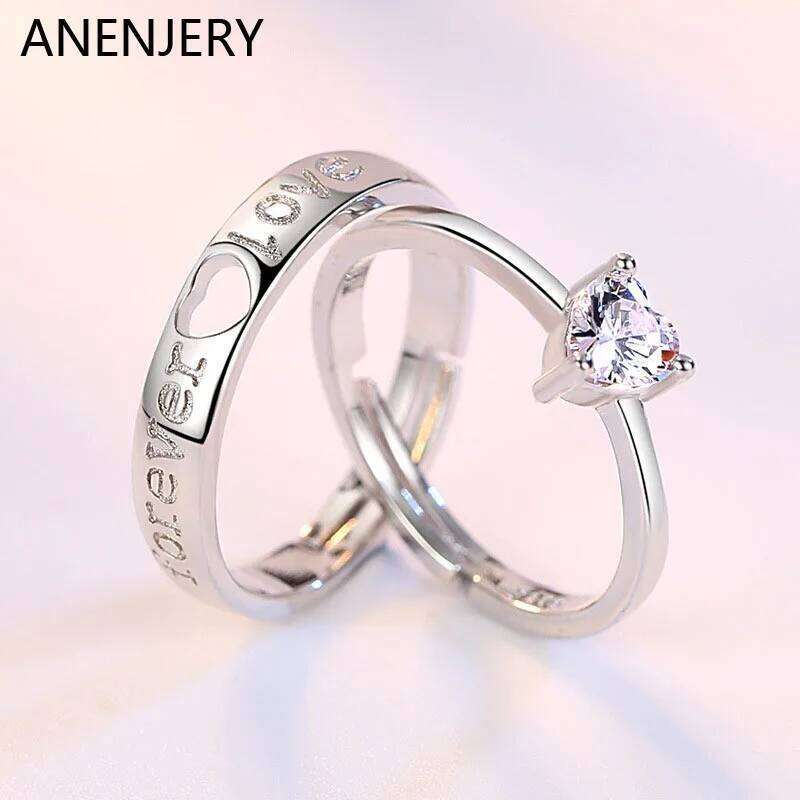 ANENJERY Silver Plated Couple For Lovers Heart Zircon Adjustable Ring Wedding Engagement Jewelry W260206
