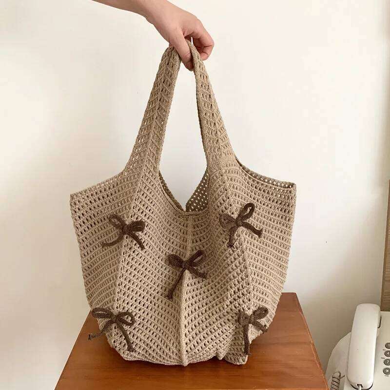 Knitted Bag Bow Vintage Knit High Quality Woven Handbag Large Capacity Daily Wear Shoulder Ladies Hand Bags 2025 Y260205