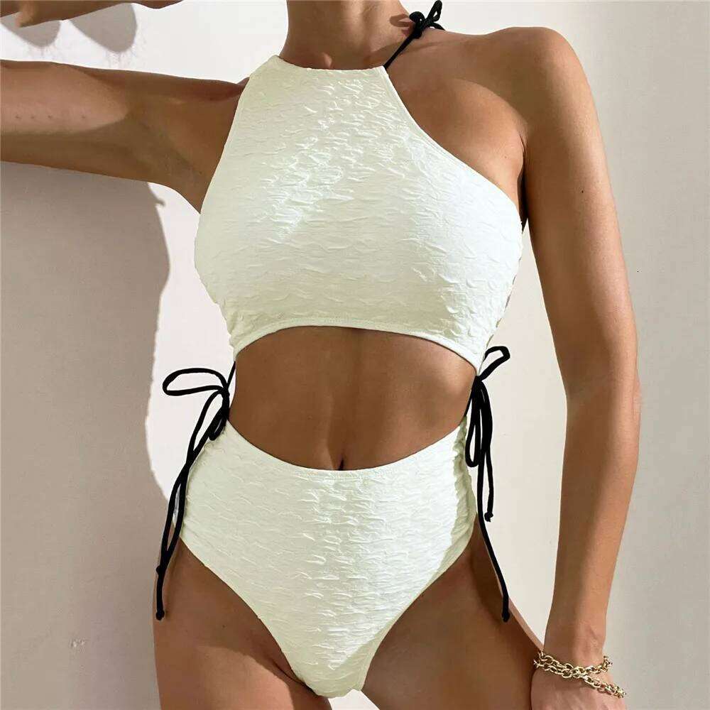 Sexy White High Waist Swimwear String Lace Up Bikinis Sets Woman 2025 Asymmetric Neck Swimsuits Bathing Suit Bikini Mujer Bather XJ260206
