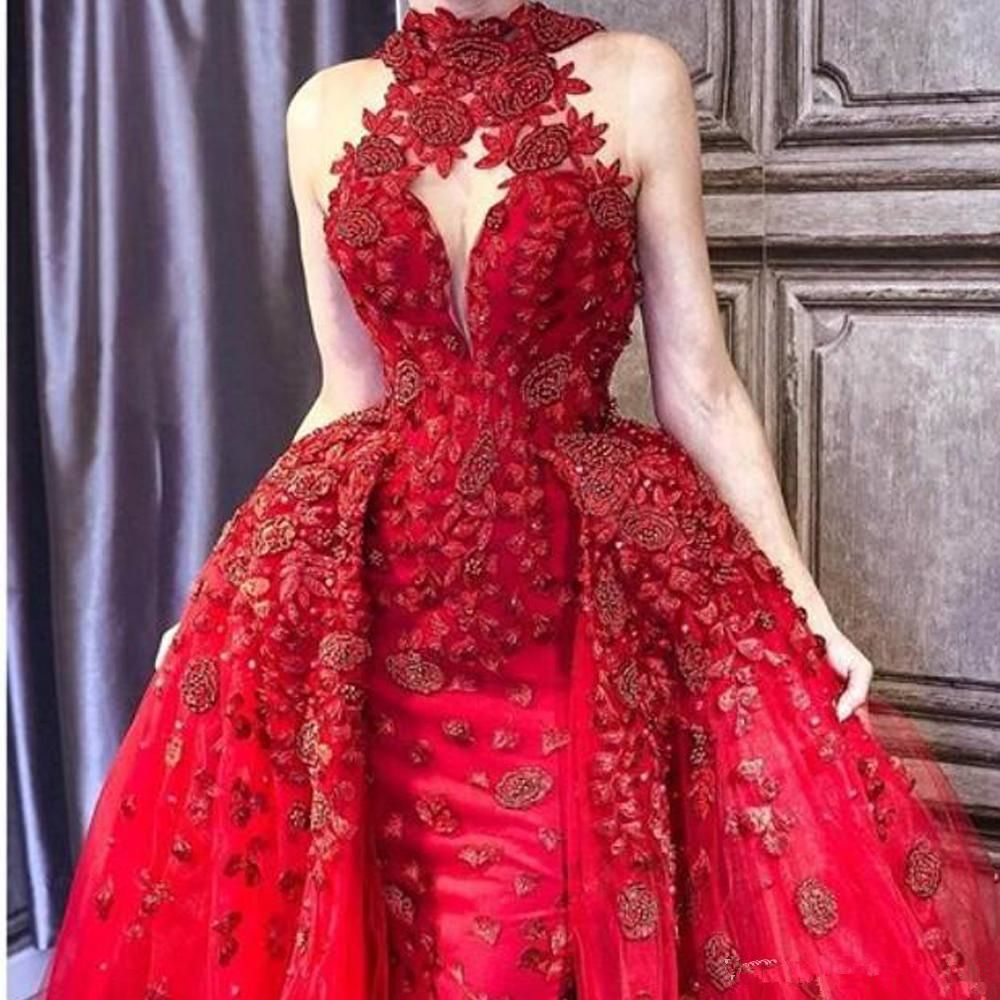Dubai Red Mermaid Evening Dresses High Neck Lace Applique Beads Ladies Prom Gowns Plus Size Party Dress Custom robes de soiree 0206