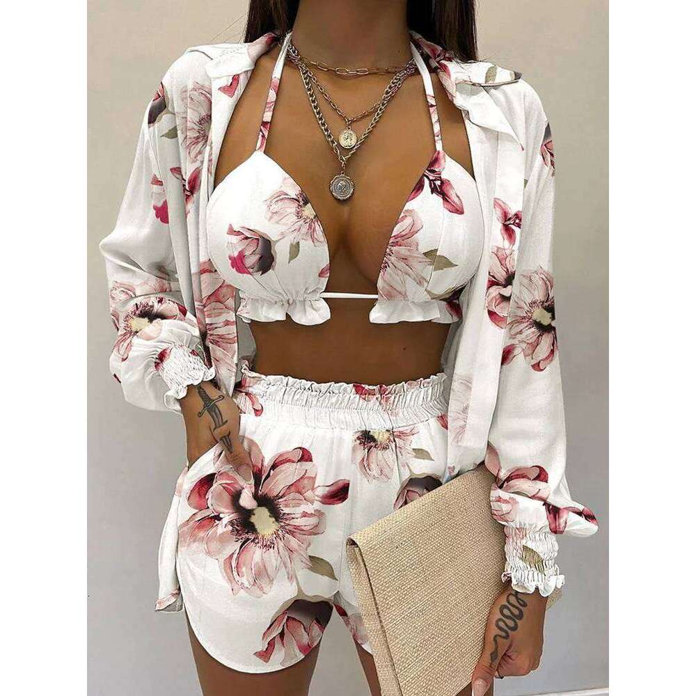Three Pieces Swimwear Sexy Beachwear 2024 New Bathing Suit Shorts Cover Up Summer High Waist Bikini Set Print Women's Swimsuit Z260206