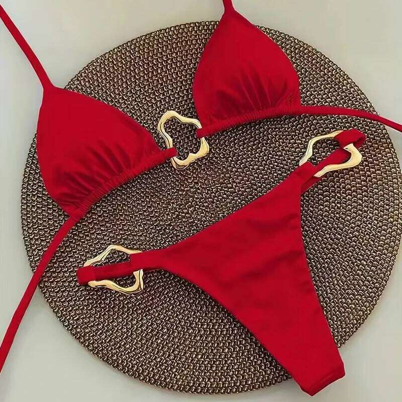 Sexy Solid Color Halter String Triangle Two Piece Bikini Trendy Metal Buckle For Women Summer Beach Lace-up Swimsuit Z260206