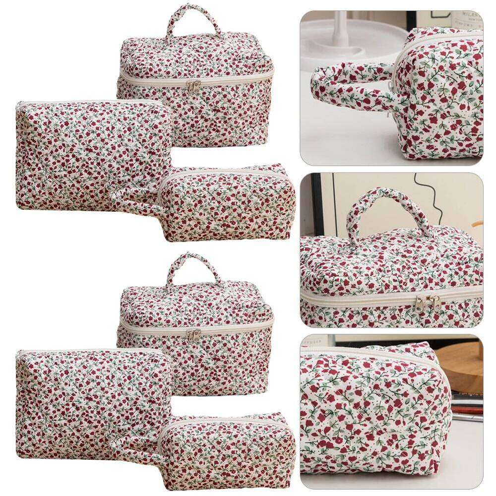 3Pcs Floral Travel Makeup Pouch Cotton Quilted Cosmetic Organizer Case Large Capacity Skincare Bag with Zipper for Women Girls Y260206
