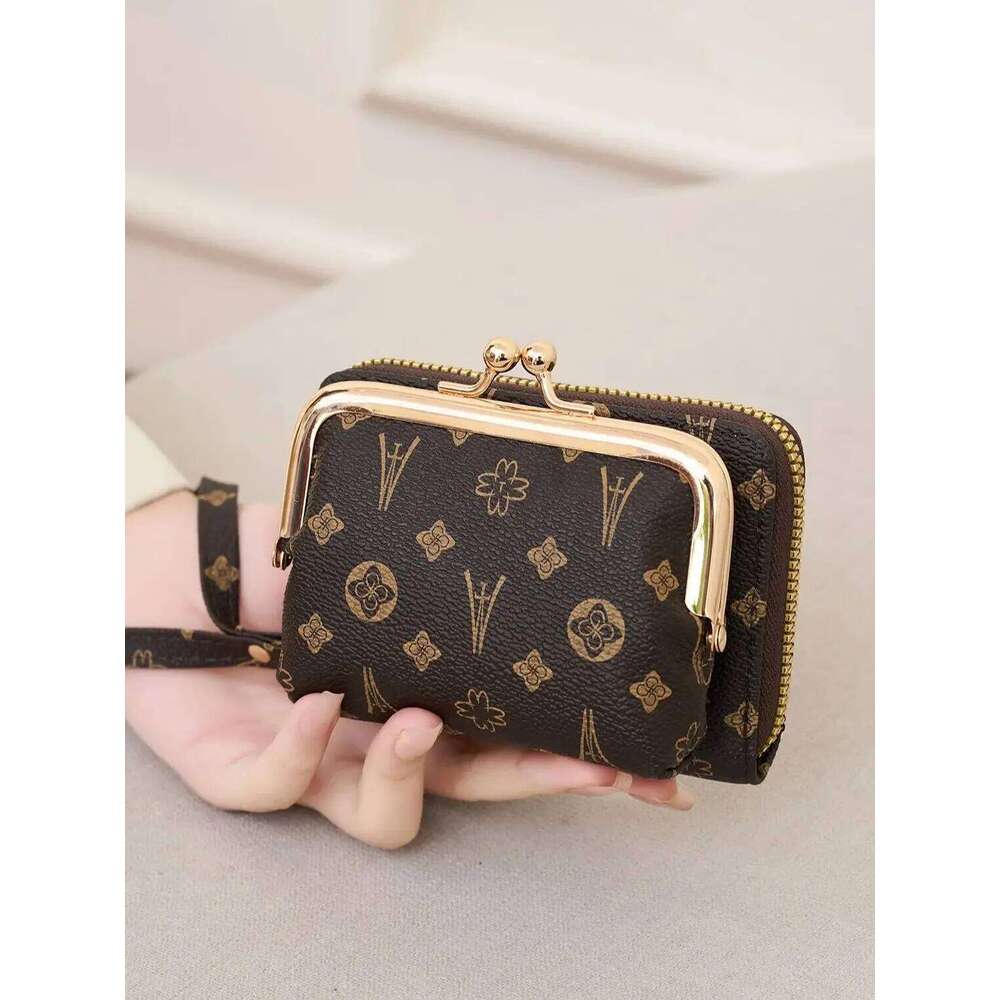 Women's Wallet Fashion Print Short Coin Purse Retro Multi-function Accordion Card Holder Money Clip with Wristband and Kiss Lock Y260206