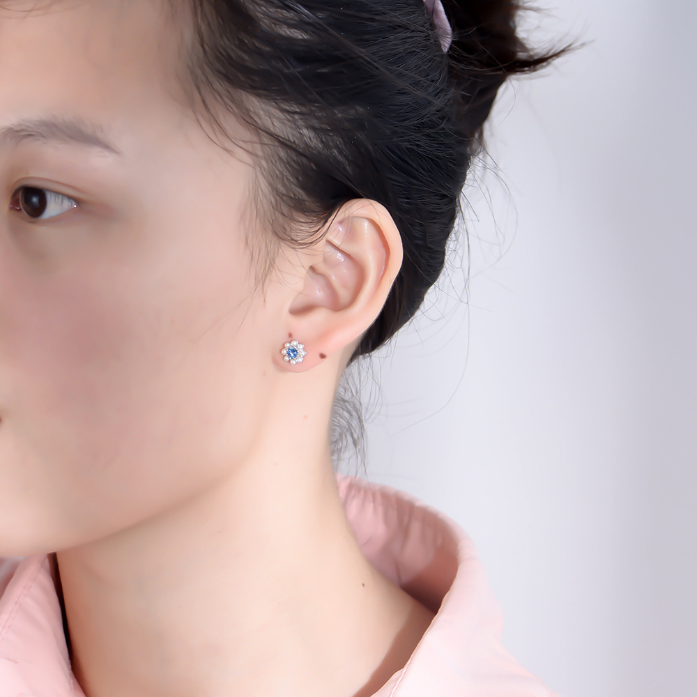 Blue zircon pearl sterling silver, high-end floral design, ins light luxury style earrings, silver jewelry